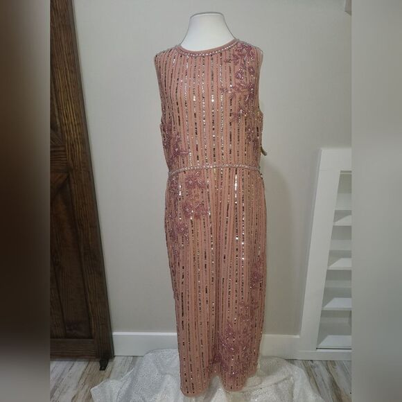 Mac Duggal STRIPED FLORAL EMBELLISHED MIDI DRESS NWOT size 14 Rose Pink (70260) - Picture 4 of 6